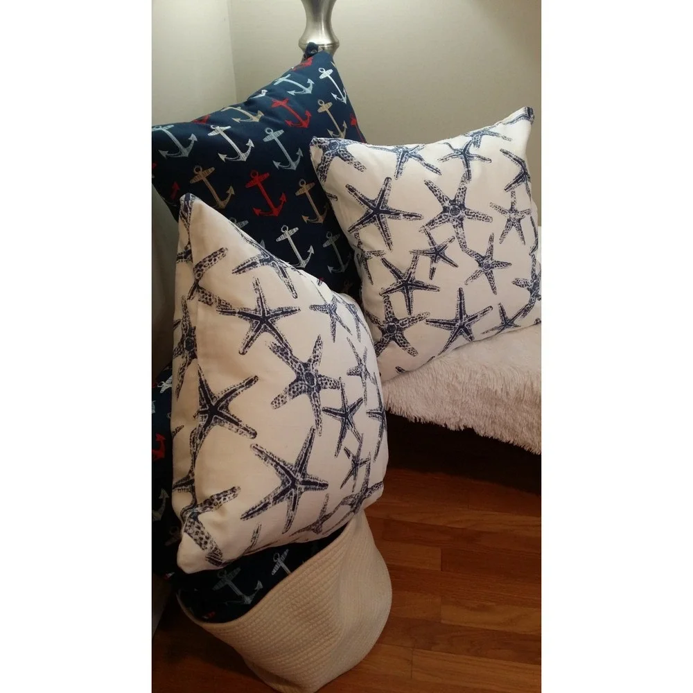 Starfish 20X20 Zippered Throw Pillow‎ Covers Pair Navy White Premier Prints NEW